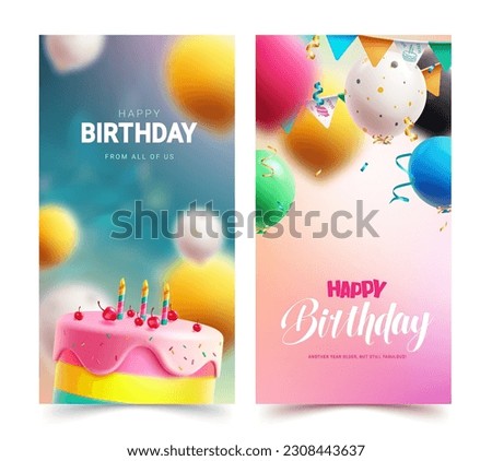 Happy birthday set vector poster. Happy birthday text with cake and balloons party elements. Vector illustration invitation and greeting card collection design.