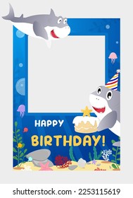 Happy Birthday Shark themed party concept for photo frame, poster, invitation. Cute Cartoon photo booth prop with cute shark holding a cake. Flat style underwater background.Vector illustration 