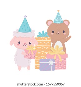happy birthday sheep bear with gifts and party hats celebration decoration card vector illustration
