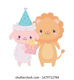 happy birthday sheep lion with party hats and cake celebration decoration card vector illustration