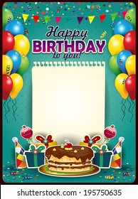 Happy Birthday and sheet paper vertically and balloons   cake  space to insert your text  transparency blending effects   gradient mesh  EPS10