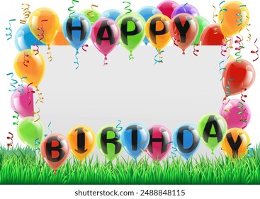 A happy birthday sign with balloons party background