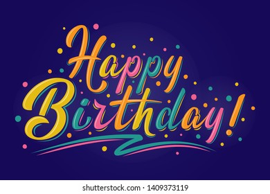Happy Birthday sign. Vector multicolored logo. Hand drawn modern brush lettering on dark blue background. For holiday design, postcard, party invitation, banner, poster. Greeting label template