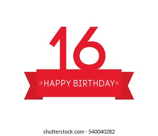 happy birthday to sixteen year, label sign icon, ribbon element, greeting cards, banners and tags