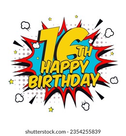 happy birthday sixteen years comic banner vector illustration