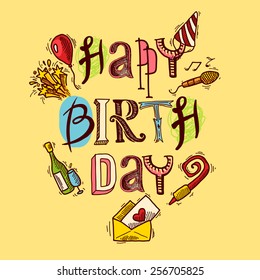 Happy birthday sketch greetings card with title and fireworks champagne music vector illustration