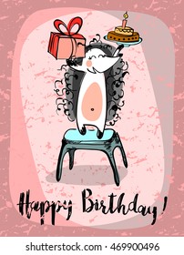 Happy Birthday sketched vintage card with cute cartoon hedgehogs holding cake and present.  Hand drawn Vector illustration