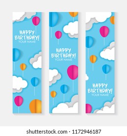 Happy Birthday with sky, cloud and balloons background. 3D paper cut banner sign, greeting, congratulations design