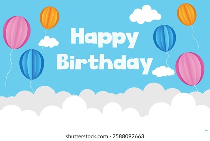Happy Birthday with sky, clouds and balloons background. paper cut style