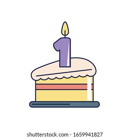 happy birthday, slice cake with candle celebration party vector illustration line and fill style