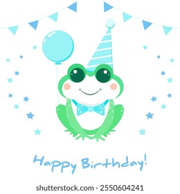 Happy birthday slogan with cute cartoon frog boy in sitting pose. Vector illustration. Celebration card, background.