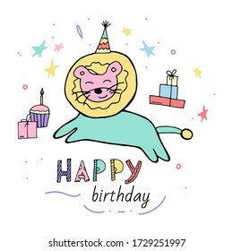 Happy birthday slogan wishes childish greeting card template with lion, presents and cake.