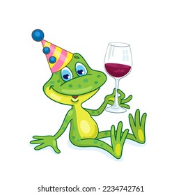 Happy birthday! Small funny frog in a festive hat sits with a glass of wine in his hand. In cartoon style. Isolated on white background. Vector illustration