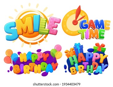 Happy Birthday, Smile, Game Time Sign. Color Inscription Logo, Game Area, Bubble Rainbow Letters. Bright, Vector Inscription On A White Background