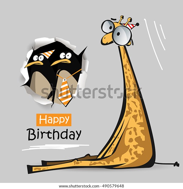 Girafe De Pingouins Cadeau Joyeux Anniversaire Image Vectorielle De Stock Libre De Droits