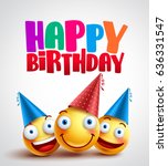 Happy birthday smileys celebrant with happy friends, funny vector banner design in white background with colorful text. Vector illustration.
