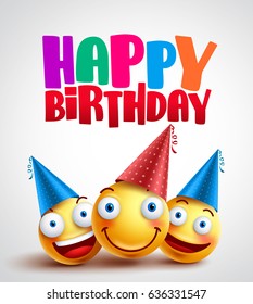 Happy birthday smileys celebrant with happy friends, funny vector banner design in white background with colorful text. Vector illustration.
