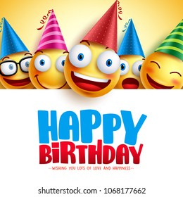 Happy birthday smileys vector background design with yellow funny and happy emoticons and birthday greeting text in empty white background. Vector illustration.
