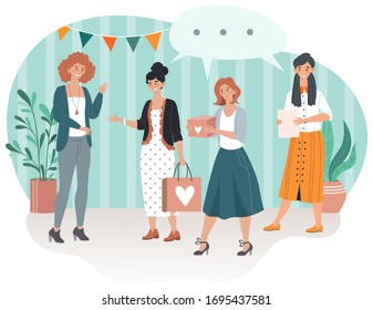 Happy birthday, smiling guests with presents gifts came to womans party anniversary cartoon vector illustration. Group of friends came to surprise and celebrate Welcome birthday guests.