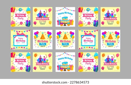 happy birthday social media post template set vector flat design