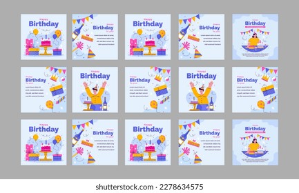 happy birthday social media post template set vector flat design