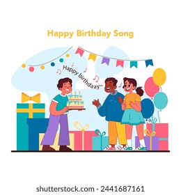 Feliz cumpleaños concepto de canción. Amigos cantando canciones alegremente. Coro de voces alegres, torta encendida con velas, y la calidez de los amigos celebrando. Melodía de la felicidad de cumpleaños. Ilustración vectorial plana