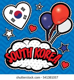 Happy Birthday SOUTH KOREA - Pop art fashion chic patches, badges, pins and stickers. Happy Independence Day .Vector Illustration with country flag.
