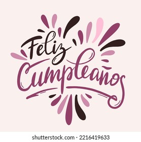 Happy birthday in Spain.  Lettering in Spanish with splashes and curls. Vector 