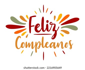 Happy birthday in Spain.  Lettering in Spanish with splashes and curls. Vector 