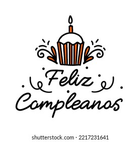 Happy birthday in Spain.  Lettering in Spanish with cake and curlicues. Vector 