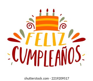 Happy birthday in Spain.  Lettering in Spanish with cake and curlicues. Vector 