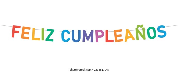 happy birthday in spanish, feliz cumpleanos garland, colorful party bunting, big letters hanging on a string, vector illustration