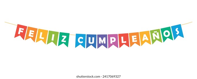 cumpleaños feliz en el pasto español, feliz cumpleanos bunting, coloridos pennants con letras blancas, banner con letras de fiesta, tarjeta de cumpleaños, ilustración vectorial