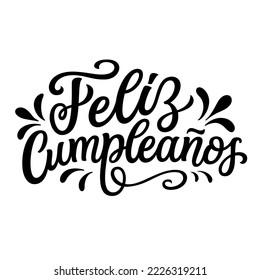 Feliz cumpleaños en español. Texto con letras a mano aislado en fondo blanco. Tipografía vectorial para afiches, banners, tarjetas de felicitación, decoraciones de cumpleaños, globos