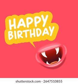 Happy Birthday Speech Bubble Vector, Cartoon monster Mouth Character with Open Grin, speech bubble isolated on Pink Background, Celebration Greeting Card Design