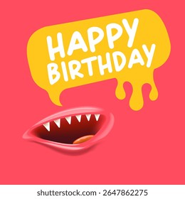 Happy Birthday Speech Bubble Vector, Cartoon monster Mouth Character with Open Grin, speech bubble isolated on Pink Background, Celebration Greeting Card Design