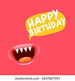 Happy Birthday Speech Bubble Vector, Cartoon monster Mouth Character with Open Grin, speech bubble isolated on Pink Background, Celebration Greeting Card Design