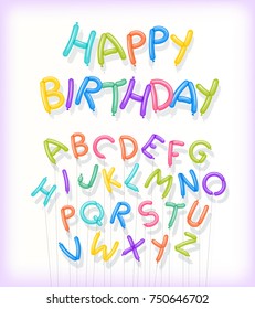 Happy Birthday spelled out in twisted balloons. Includes entire floating balloon alphabet on strings. For cards, banners, print.