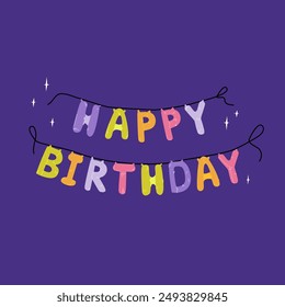 Happy birthday square card with balloon garland. Cute and trendy vector illustration templates in simple style