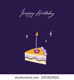 Tarjeta cuadrada de feliz cumpleaños con rebanada de pastel y vela. Tarjeta de felicitación con tipografía manuscrita. Plantillas de Ilustración vectorial elegantes y de moda en estilo simple