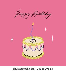 Happy birthday square card with cake and curved candle. Pink greeting card with handwritten typograpthy. Elegant and trendy vector illustration templates in simple style