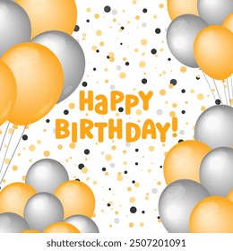 Happy Birthday square card design. Vector illustration. Bday greeting card template. Helium balloons golden and silver and text. Fun celebration postcard, party objects.