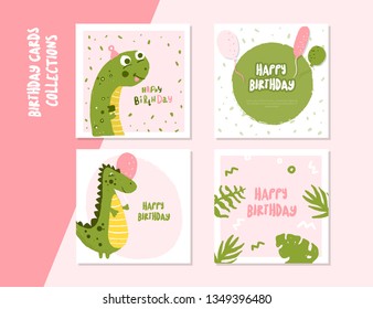 Happy Birthday square card set with cute dino character. Kids event invitation