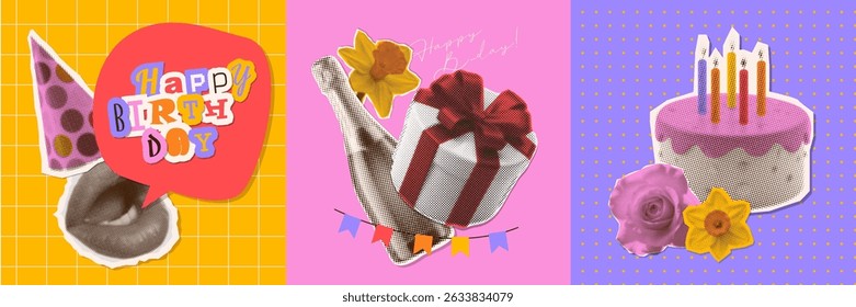 Happy birthday square greeting cards templates set. Vector halftone collage illustrations of mouth in cap, birthday cake, gift box, champagne bottle, lettering for a invitation or background