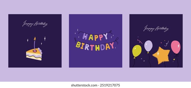 Happy birthday squared card set. Trendy greeting cards with ballon garland, slice bento cake. Cute and elegant vector illustration templates in simple style