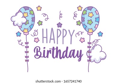 happy birthday starry balloons clouds decoration celebration party card vector illustration