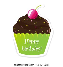 Happy Birthday Sticker With Berry, Vector Illustration