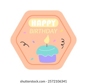 Happy birthday sticker. Cake with candle and colorful confetti. Annual holiday and festival, celebration. Graphic element for website. Flat vector illustration isolated on white background