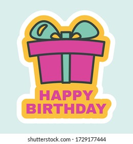 Happy Birthday Sticker with Giftbox Sign. Birthday Label with Present Box for Greeting Card, Postcard, Messaging or Surprise Party Decoration Design, Flat Vector Illustration