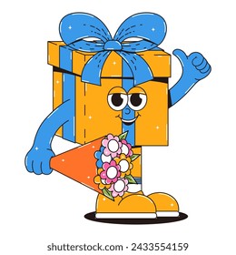 Happy birthday sticker in retro groovy style. Vintage character gift box with bow and bouquet of flowers. Funky mascot psychedelic smile. Vector illustration isolated on transparent background.